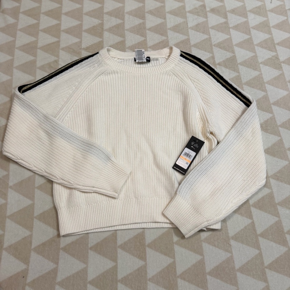 Karl lagerfeld ivory knit sweater black metallic gold stripe crewneck - Picture 2 of 3